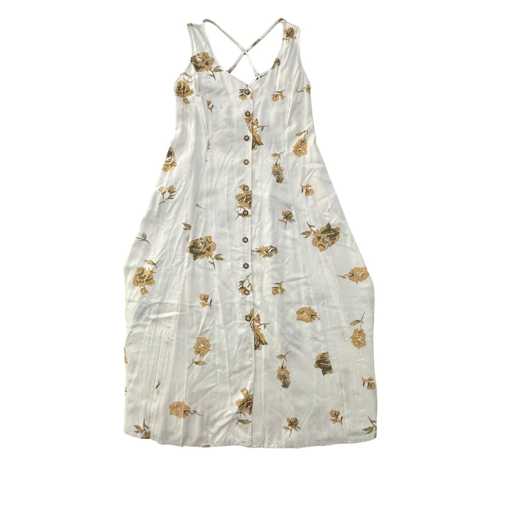 Womens Floral Button Front Maxi Dress 16 Cream Yellow Roses Strappy Back Pockets
